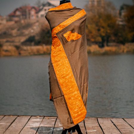 Handwoven Kashmiri Brown Wool Pashmina Shawl with Golden Border